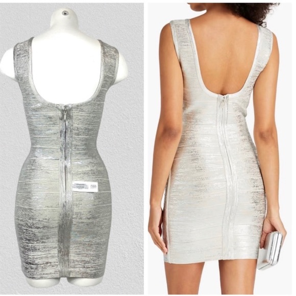 NWT Herve Leger Paris, Silver Foil Mini Dress, Size Large, MSRP $1,050.00 - Picture 3 of 15